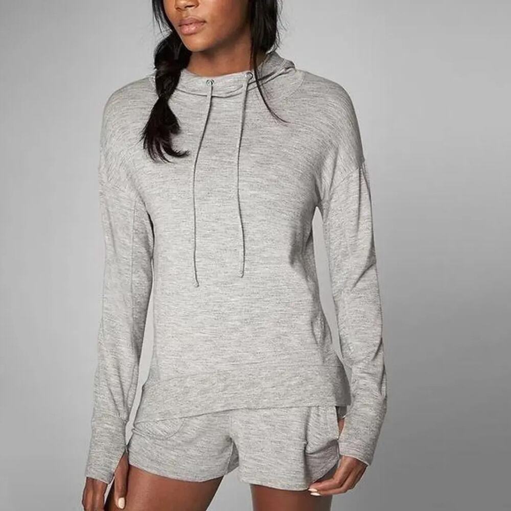 Athleta Studio Rib Hooded Top in Marled Heather Grey Pullover w/ Drawstring Sz S